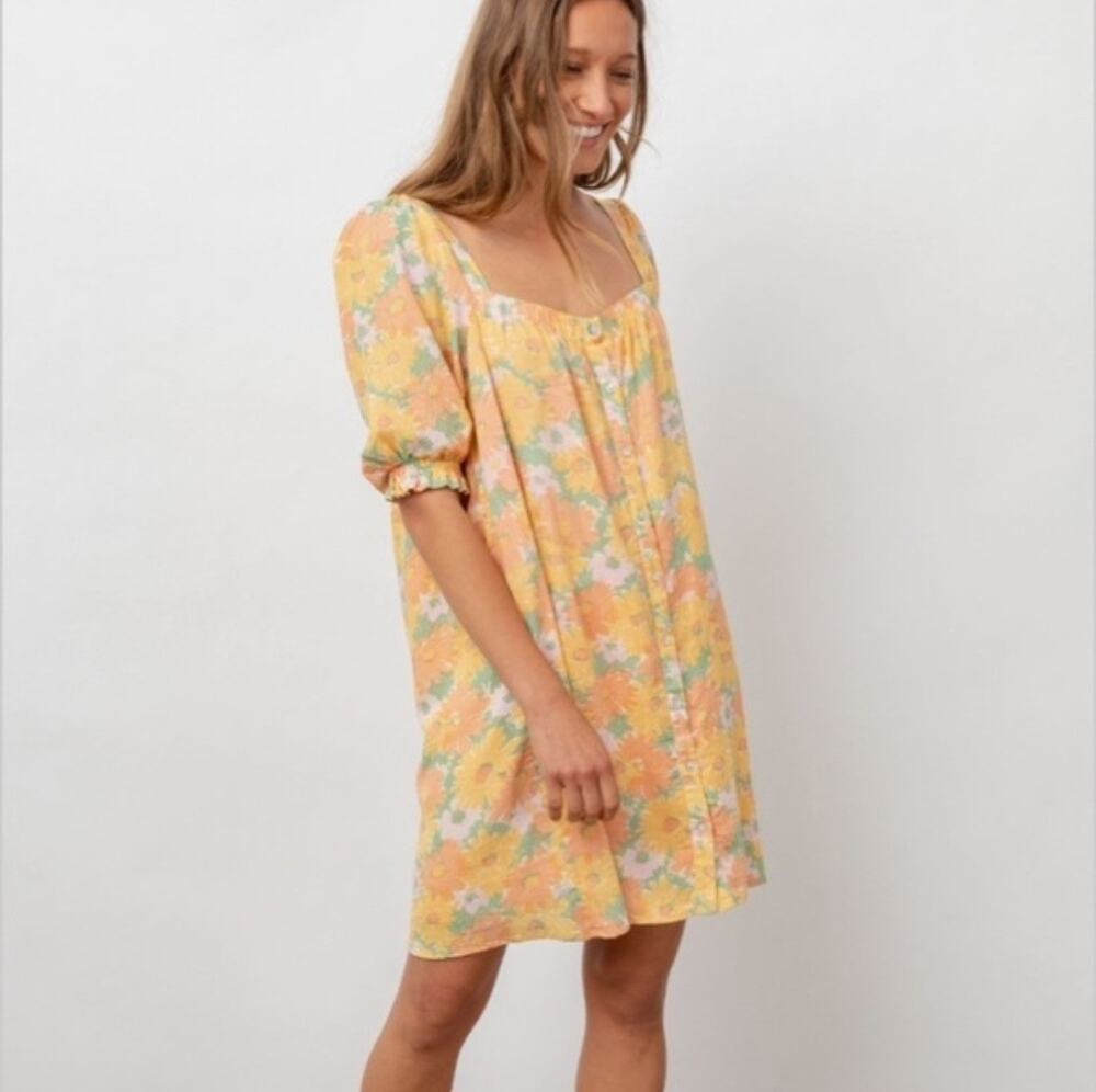 Rails Women's Orange Yellow Isa Daisy Meadow Linen Mini Dress Size Small